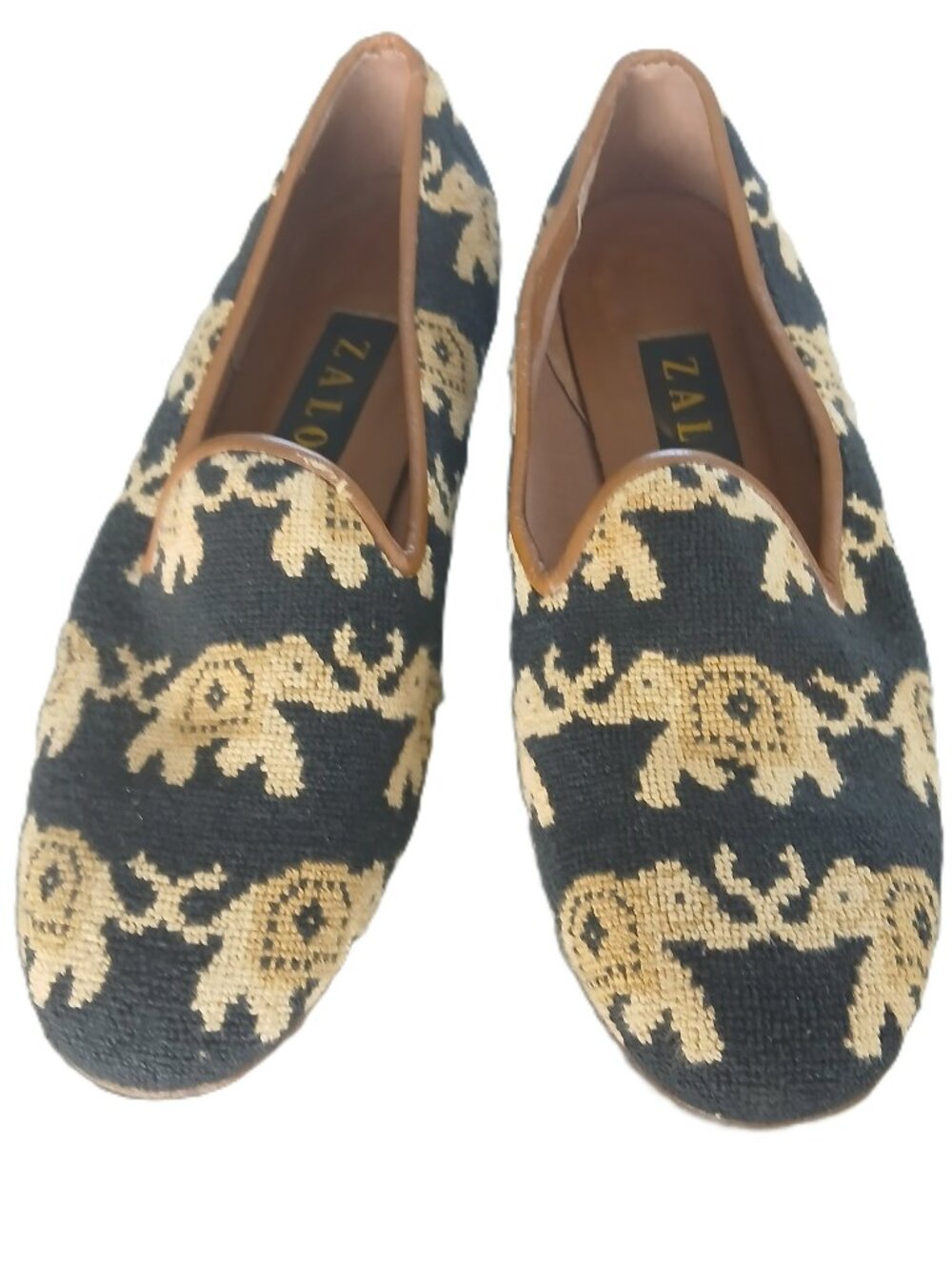 ZALO Elephant Needlepoint Loafers Black Tan Smoking Slippers 9M